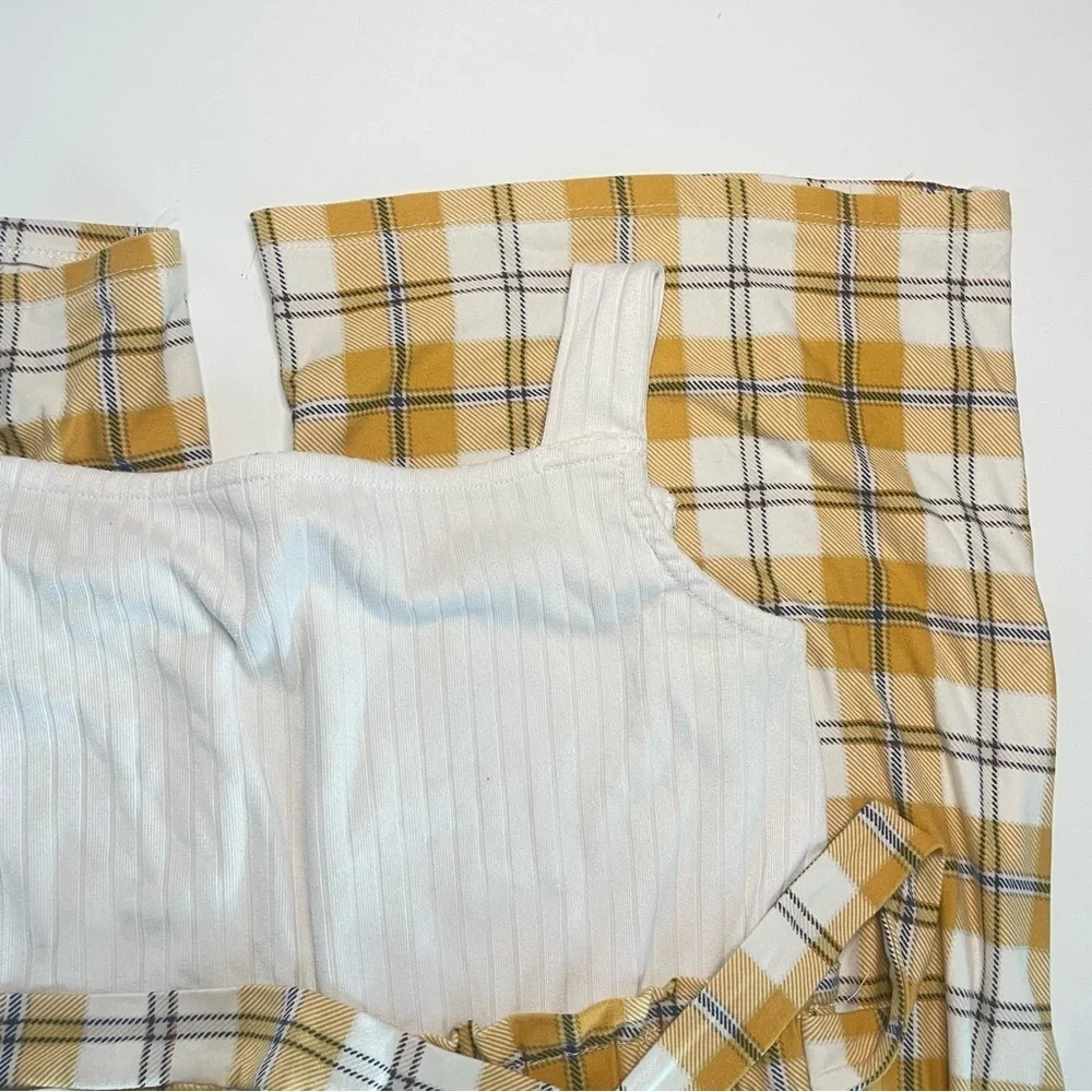No Comment Girls 16 XXL White and Yellow Plaid Jumpsuit Hemmed Straps PRELOVED